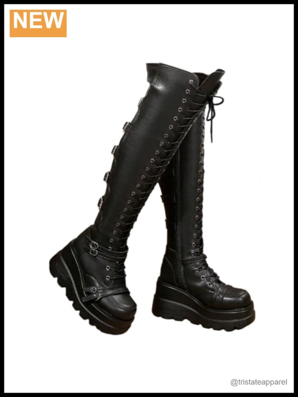 Goth Punk Thigh High Boots Women Over Knee Motorcycle Lace Up Chunky Heel